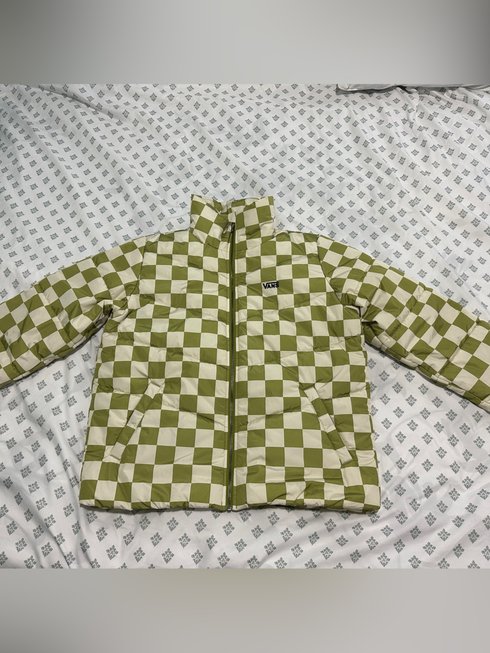 Vans Green Cream Checkerboard Puffer Jacket Size L